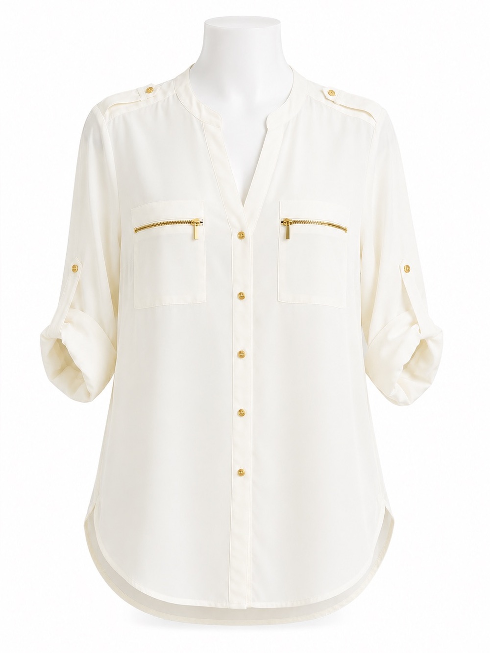 Size M Calvin Klein Women’s White Gold Zip Roll Tab Blouse Career Top